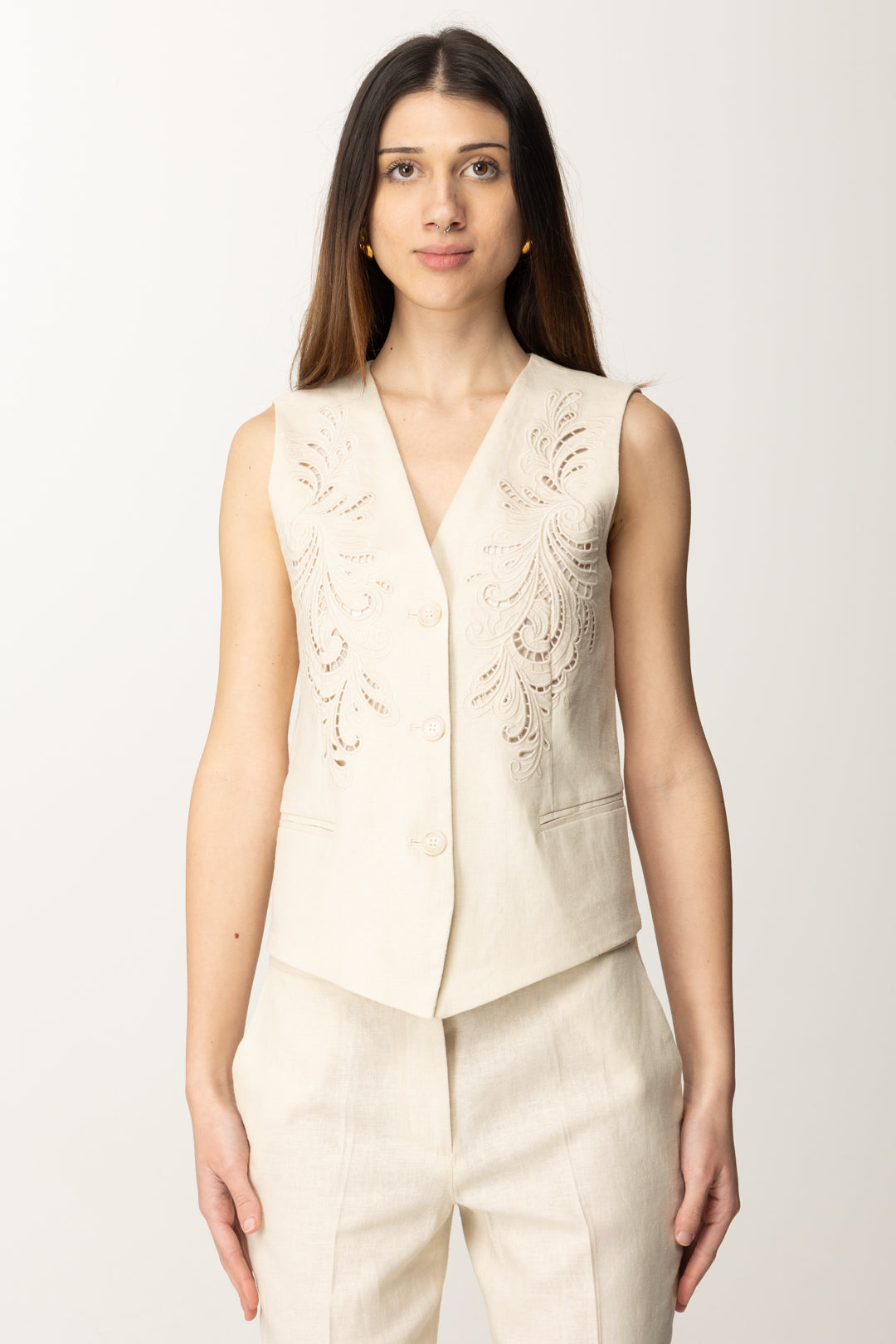 Twin-set Gilet In Misto Lino con Ricamo 251TP2161 MADREPERLA