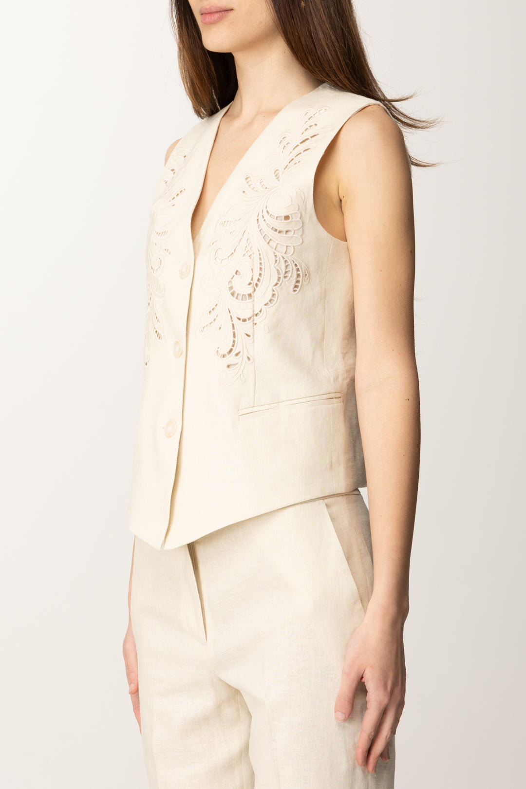 Twin-set Gilet In Misto Lino con Ricamo 251TP2161 MADREPERLA