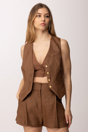 Elisabetta Franchi Gilet In Misto Lino e Crêpe GL00862E2 CUOIO