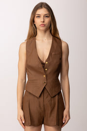 Elisabetta Franchi Gilet In Misto Lino e Crêpe GL00862E2 CUOIO