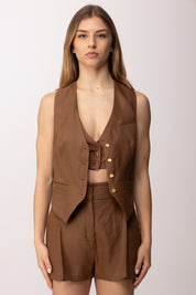 Elisabetta Franchi Gilet In Misto Lino e Crêpe GL00862E2 CUOIO