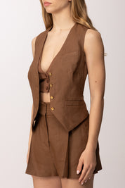 Elisabetta Franchi Gilet In Misto Lino e Crêpe GL00862E2 CUOIO