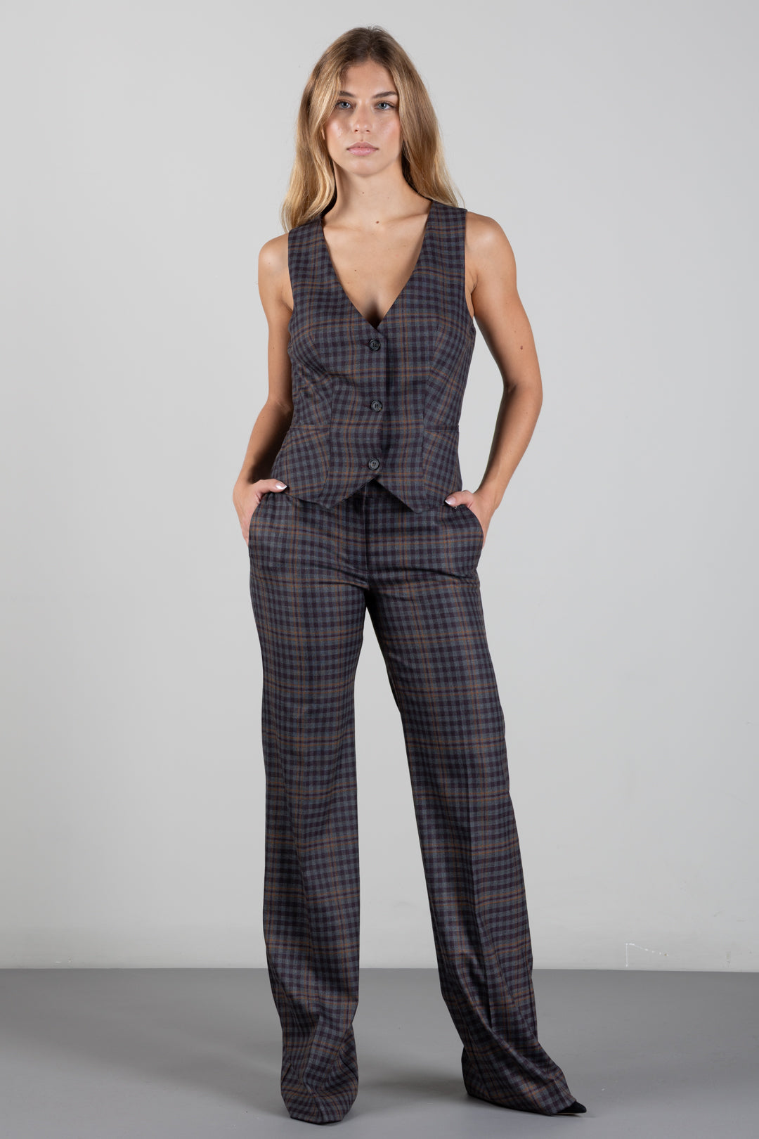 Aniye By Gilet Len In Check con Scollo a V 181044 WINE CHECK :AI26