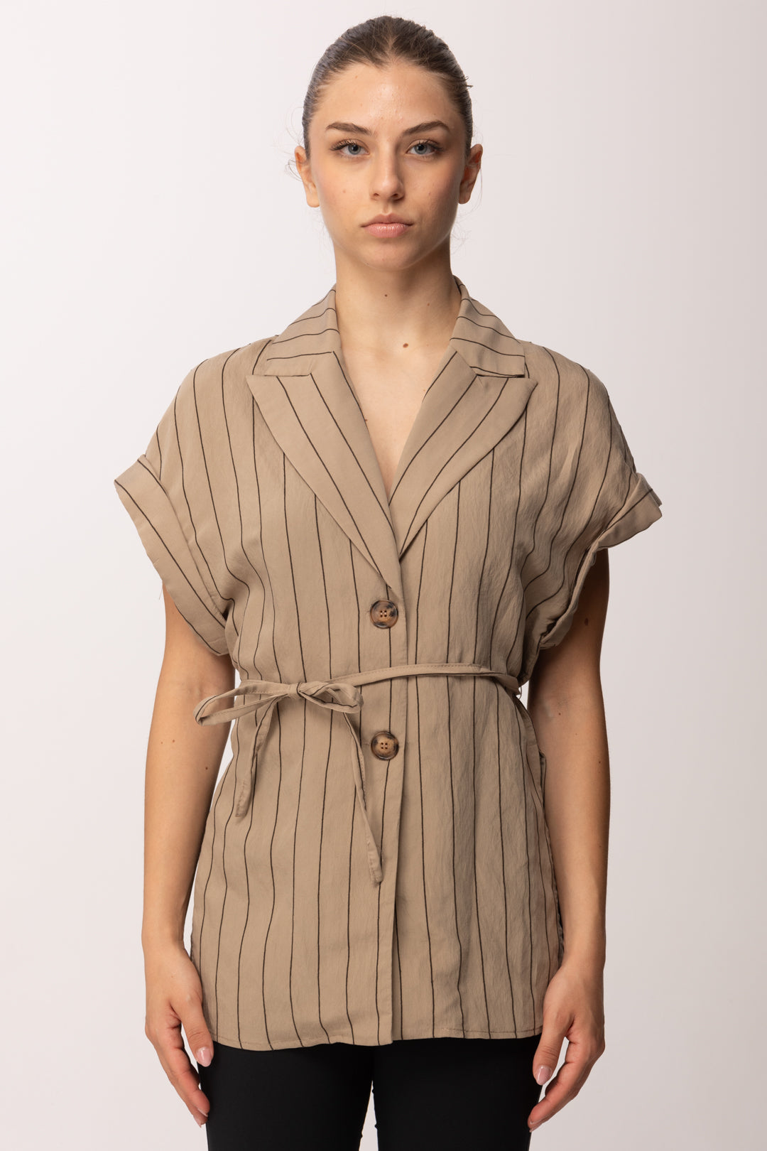 Imperial Gilet Lungo Gessato con Cintura LD73LOV CAMEL