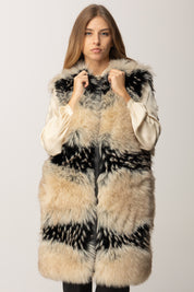 Manila Grace Gilet Lungo In Eco-pelliccia con Inserti Fantasia E004PU OFF WHITE