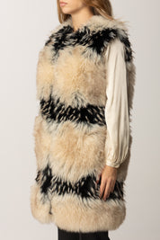 Manila Grace Gilet Lungo In Eco-pelliccia con Inserti Fantasia E004PU OFF WHITE