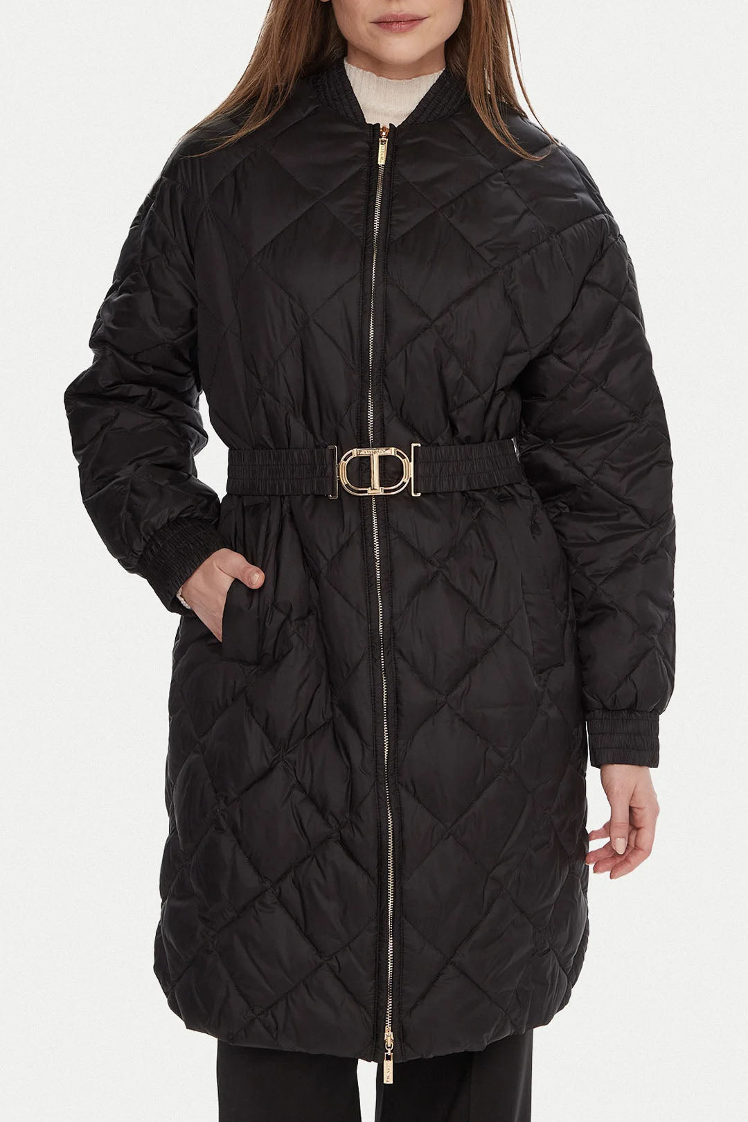 Twin-set Giubbino Imbottito Lungo con Cintura Oval T 252TP2130 NERO