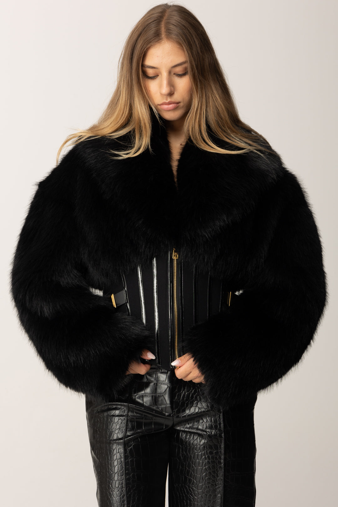 Elisabetta Franchi Giubbotto con Bustier e Pelliccia GB05A57E2 NERO