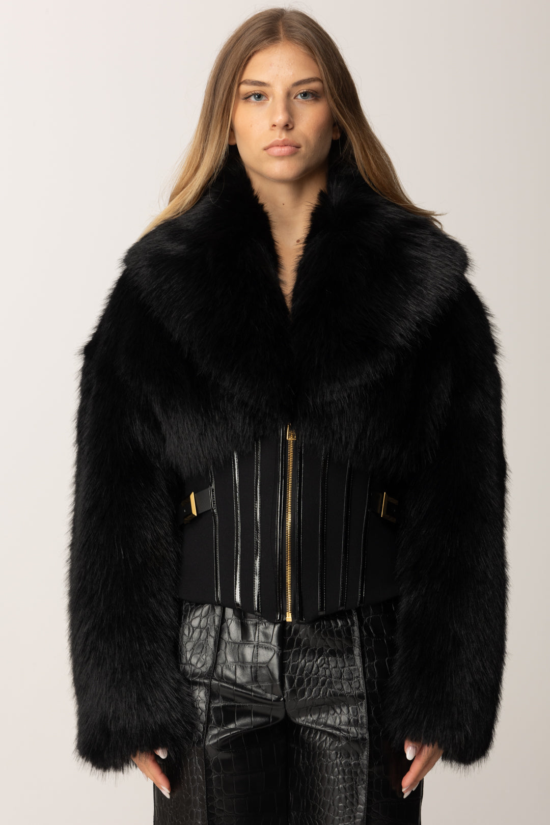 Elisabetta Franchi Giubbotto con Bustier e Pelliccia GB05A57E2 NERO