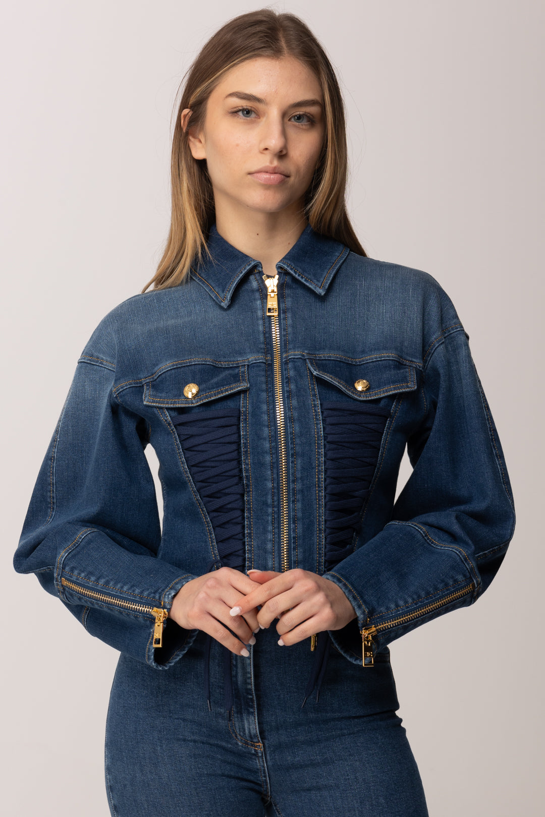 Elisabetta Franchi Giubbotto In Denim con Lacci Criss-cross BLUE VINTAGE