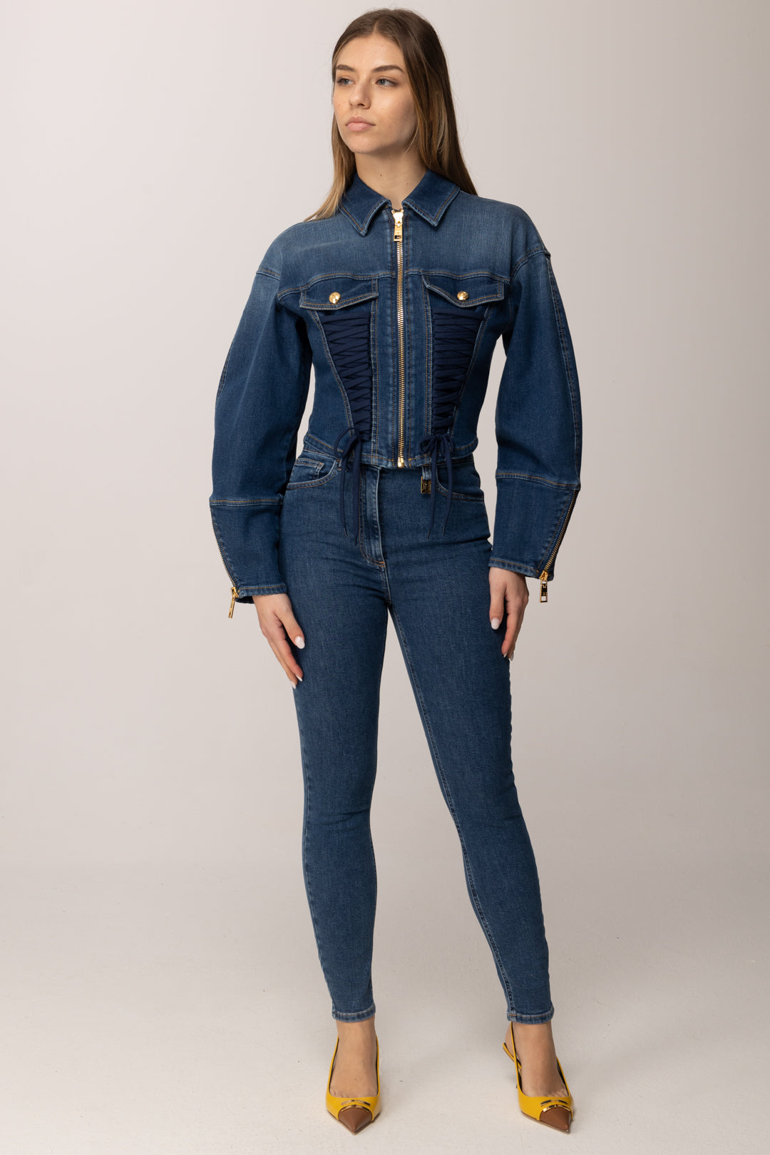 Elisabetta Franchi Giubbotto In Denim con Lacci Criss-cross BLUE VINTAGE
