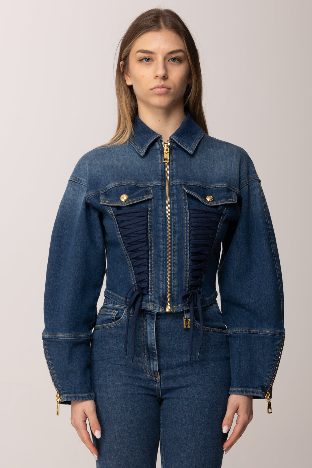Elisabetta Franchi Giubbotto In Denim con Lacci Criss-cross BLUE VINTAGE