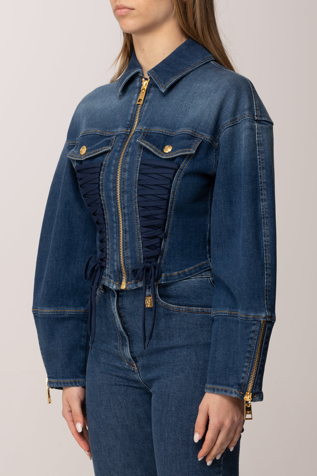 Elisabetta Franchi Giubbotto In Denim con Lacci Criss-cross BLUE VINTAGE