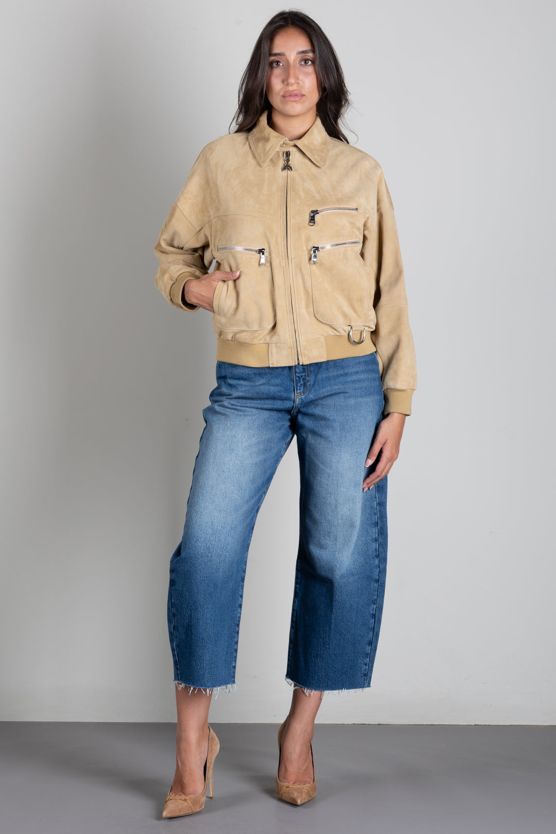 Patrizia Pepe Giubbotto In Pelle Scamosciata con Dettagli Zip 8O0149 L0003 ANOMALY BEIGE