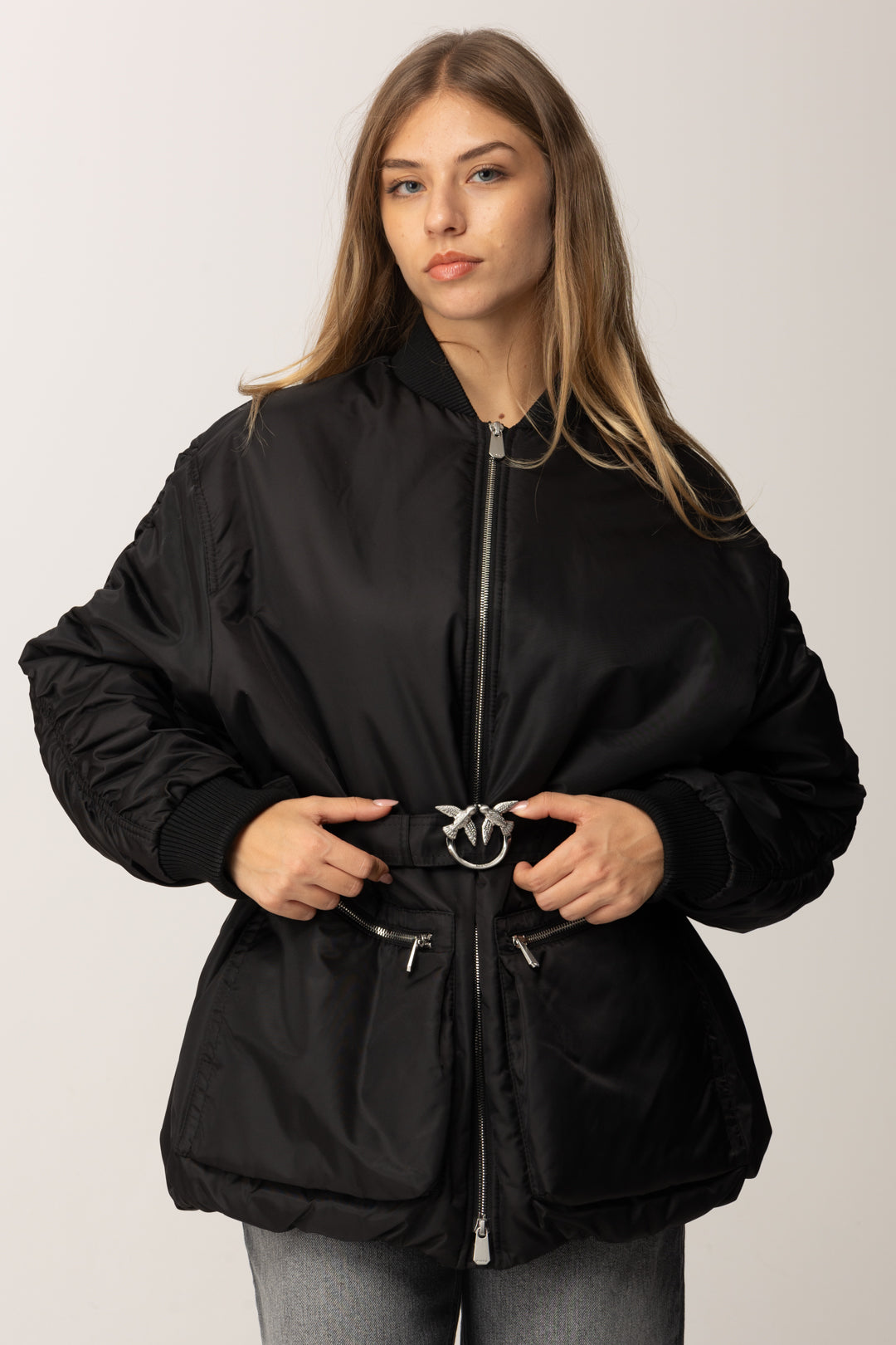 Pinko Giubbotto In Satin Tecnico con Cintura NERO LIMOUSINE