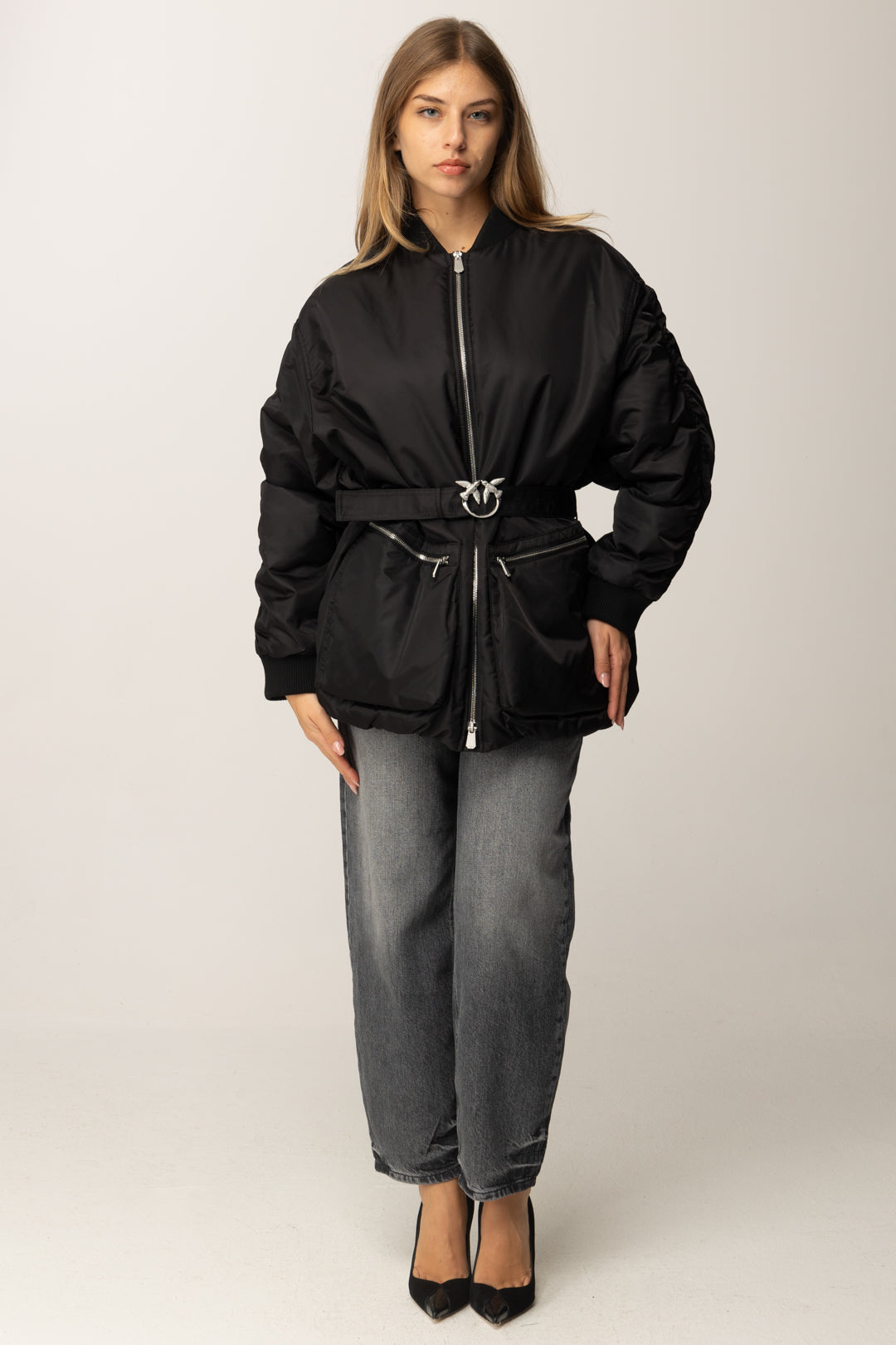 Pinko Giubbotto In Satin Tecnico con Cintura NERO LIMOUSINE