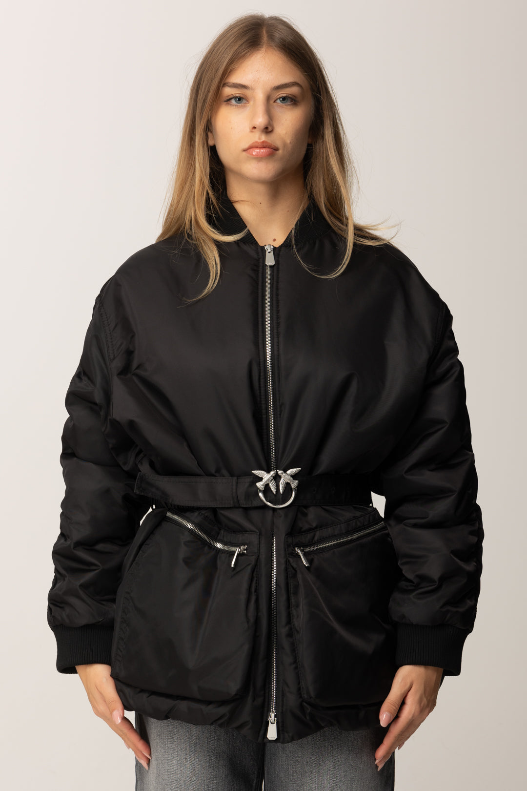 Pinko Giubbotto In Satin Tecnico con Cintura NERO LIMOUSINE