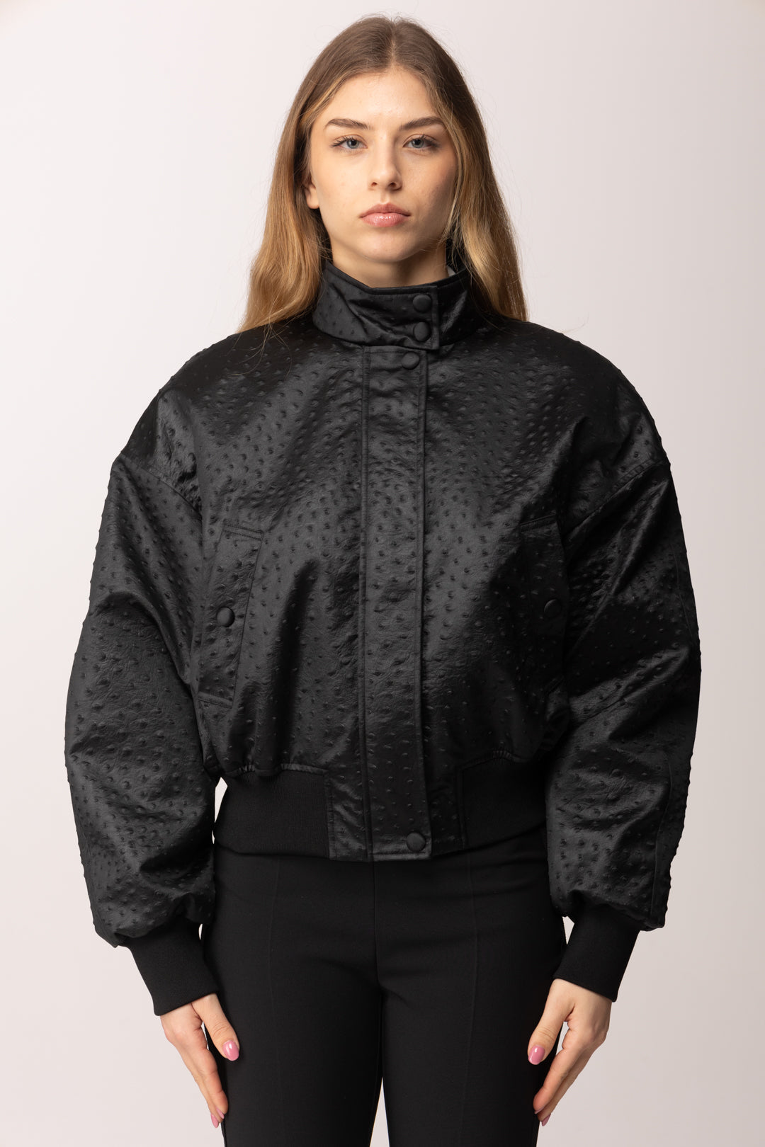 Elisabetta Franchi Giubbotto In Taffettà con Stampa 3d Effetto Struzzo GB06D63E2 NERO