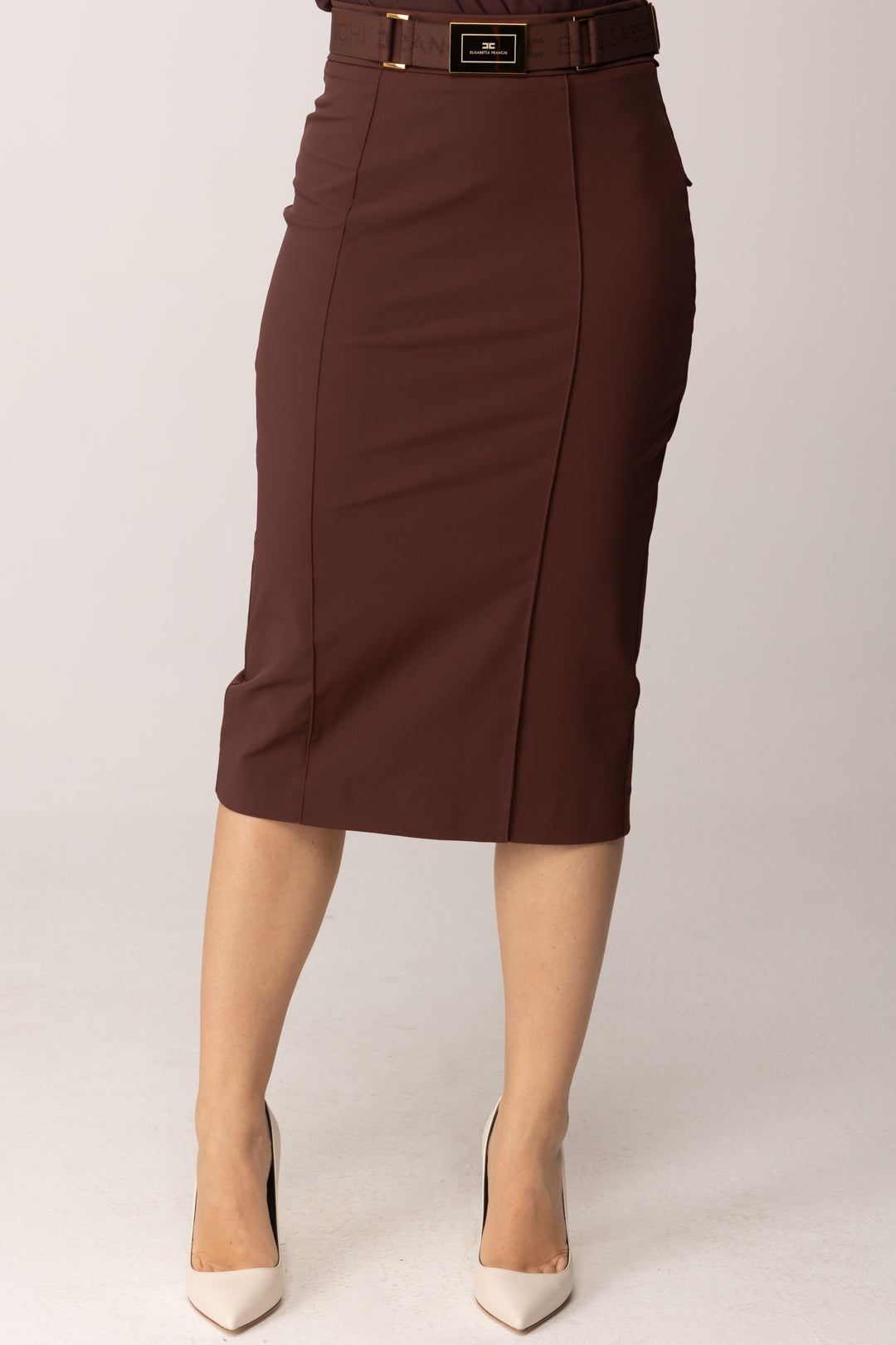 Elisabetta Franchi Gonna a Tubino In Bielastico con Cintura GO15961E2 CACAO