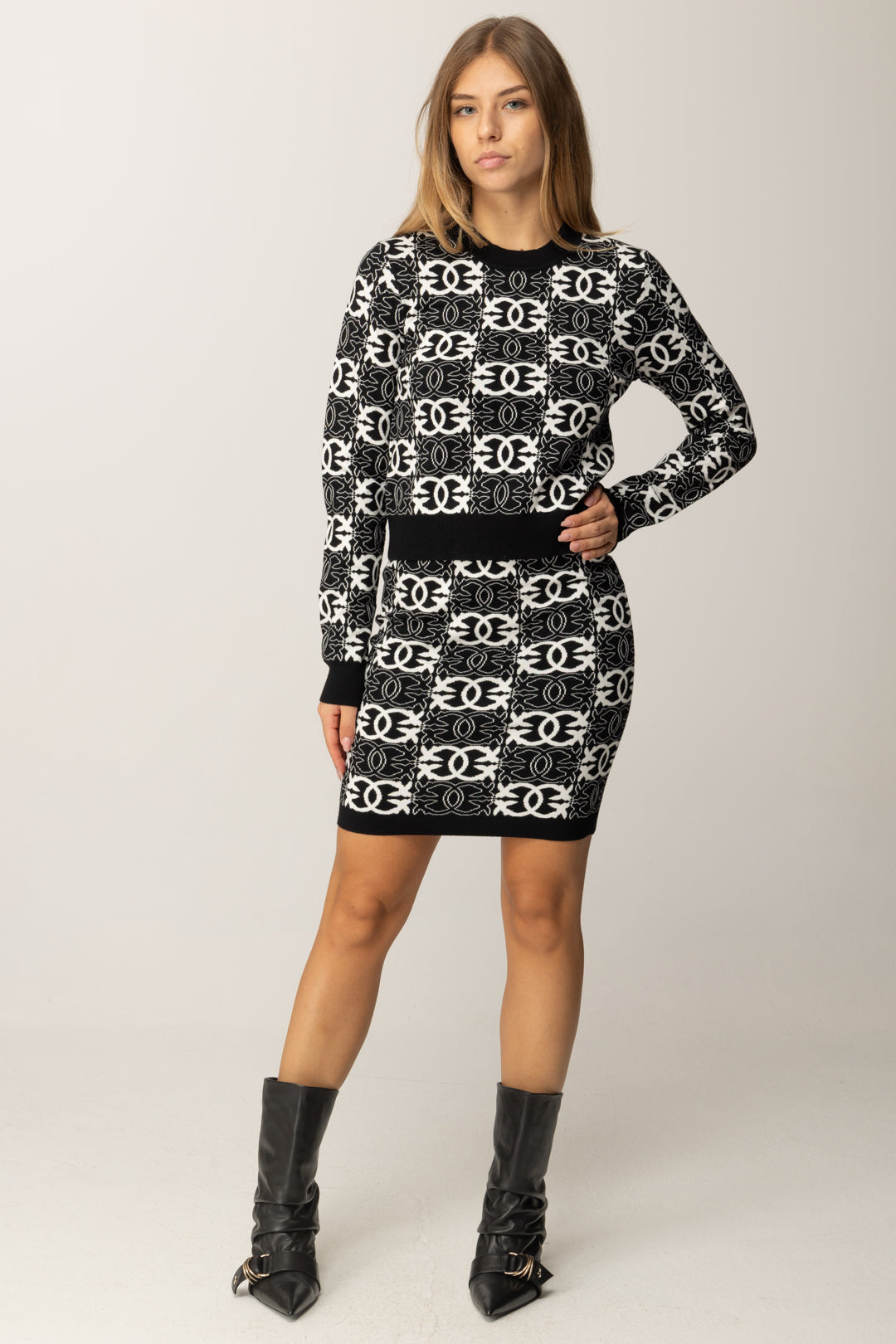 Pinko Gonna Corta In Maglia Jacquard con Logo NERO/BIANCO