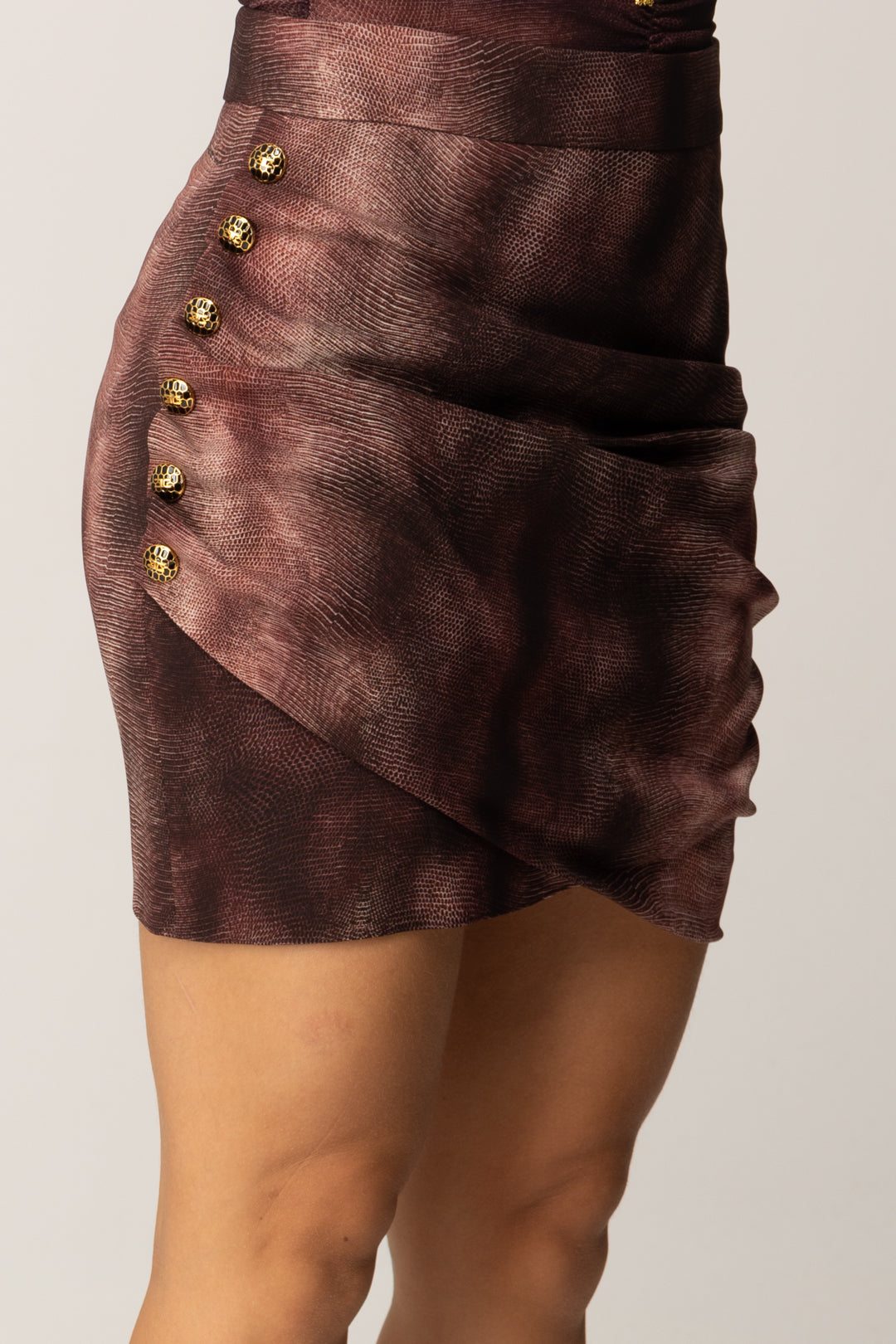 Elisabetta Franchi Gonna Drappeggiata con Stampa Pitone e Bottoni Gioiello GO14957E2 MERLOT