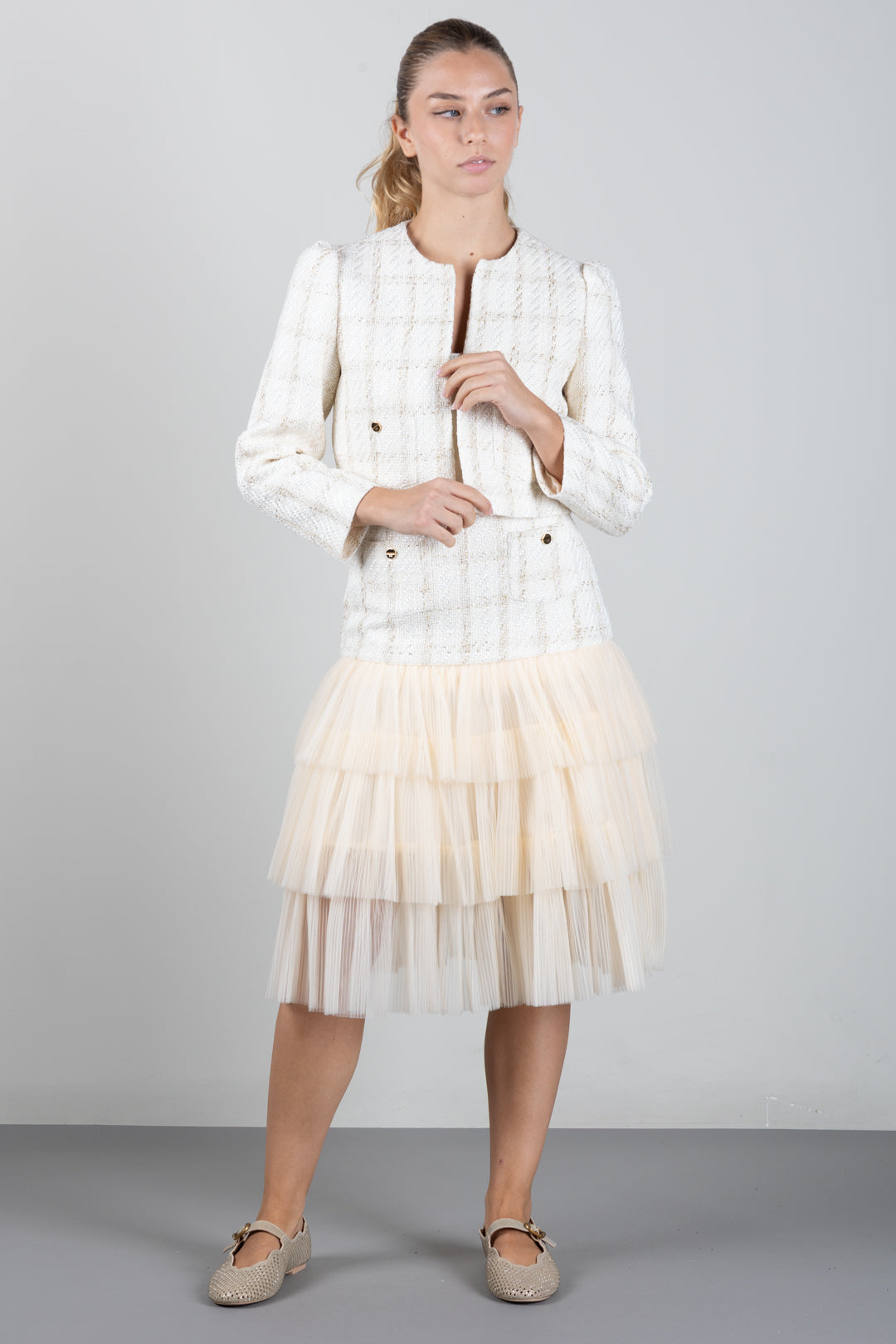 Elisabetta Franchi Bambina Gonna In Bouclé e Tulle a Balze EFGO2410TV163.0015
