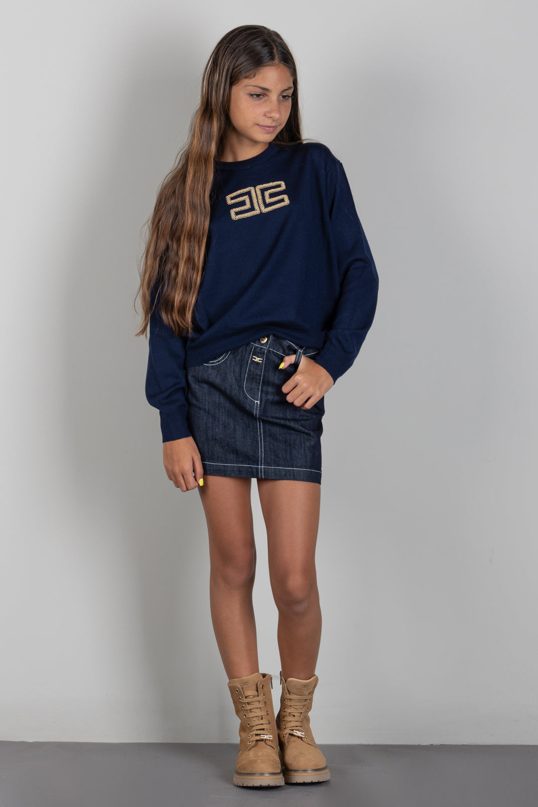 Elisabetta Franchi Bambina Gonna In Denim con Placca Logo EFGO233CDF011.4040