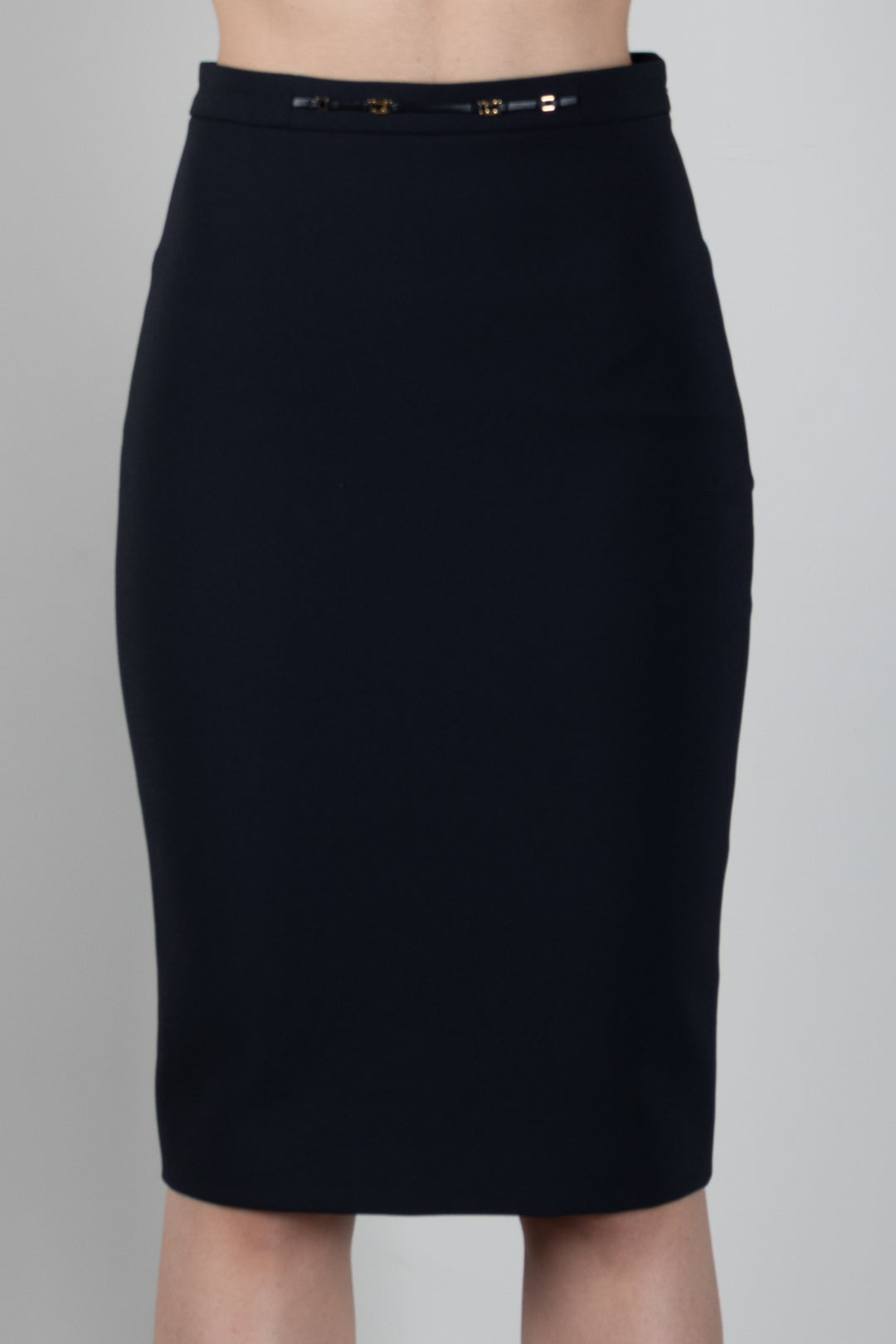 Elisabetta Franchi Gonna In Doppio Crêpe Stretch con Morsetto Gioiello Logo GO22366E2 NERO