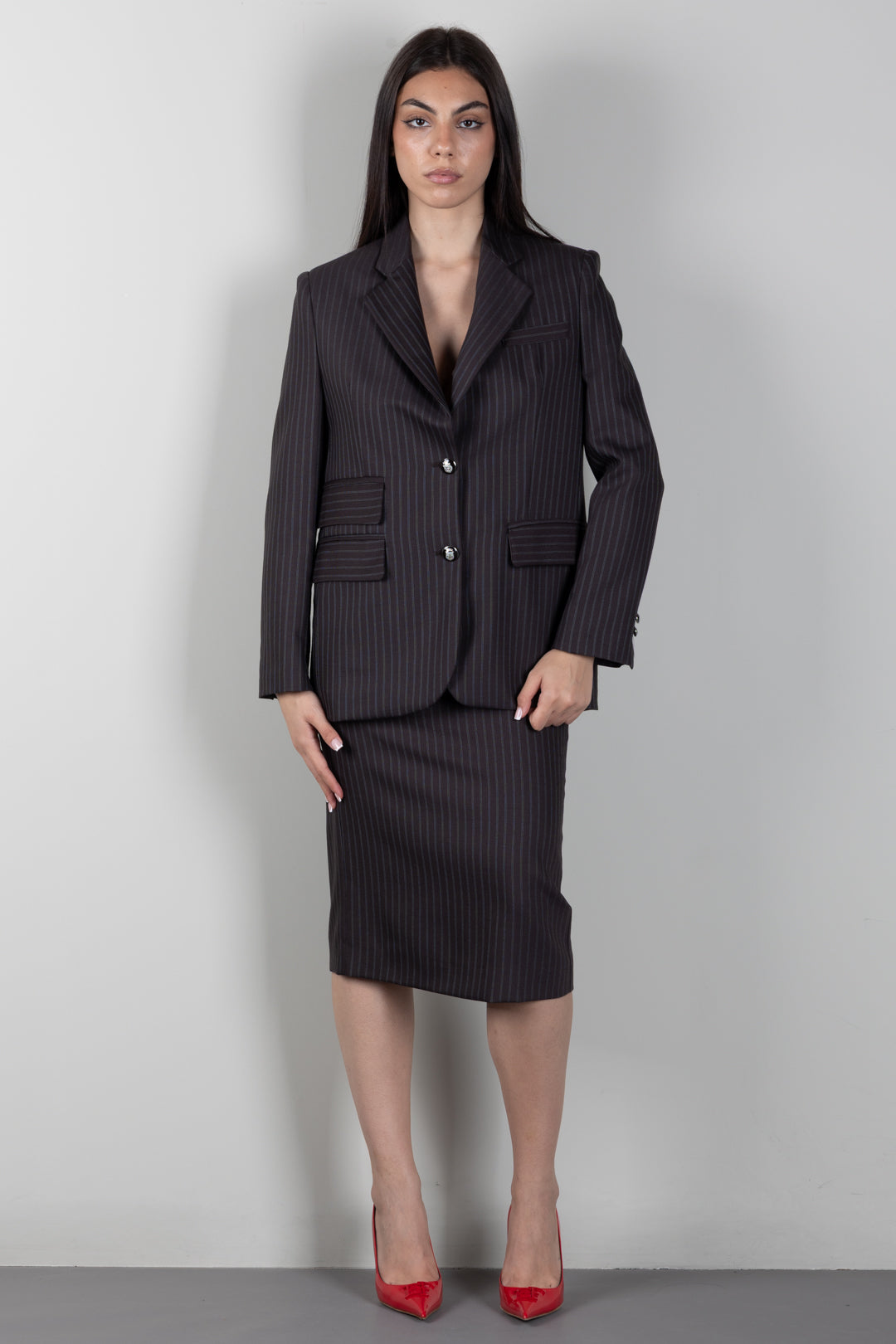 Elisabetta Franchi Gonna In Fresco Lana Gessato GO22266E2 DARK CHOCOLATE/GLASS