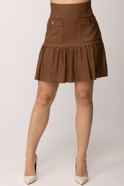 Elisabetta Franchi Gonna In Misto Lino con Dettagli Gioiello GO18662E2 CUOIO
