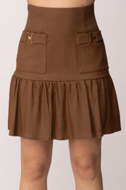 Elisabetta Franchi Gonna In Misto Lino con Dettagli Gioiello GO18662E2 CUOIO