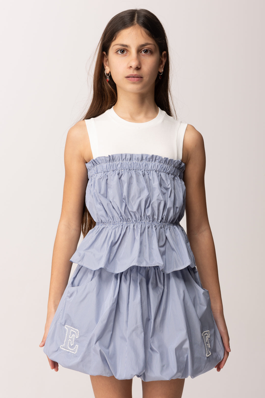 Elisabetta Franchi Bambina Gonna In Taffetà Rigato con Ricamo Perline EFGO2150TF002.D685