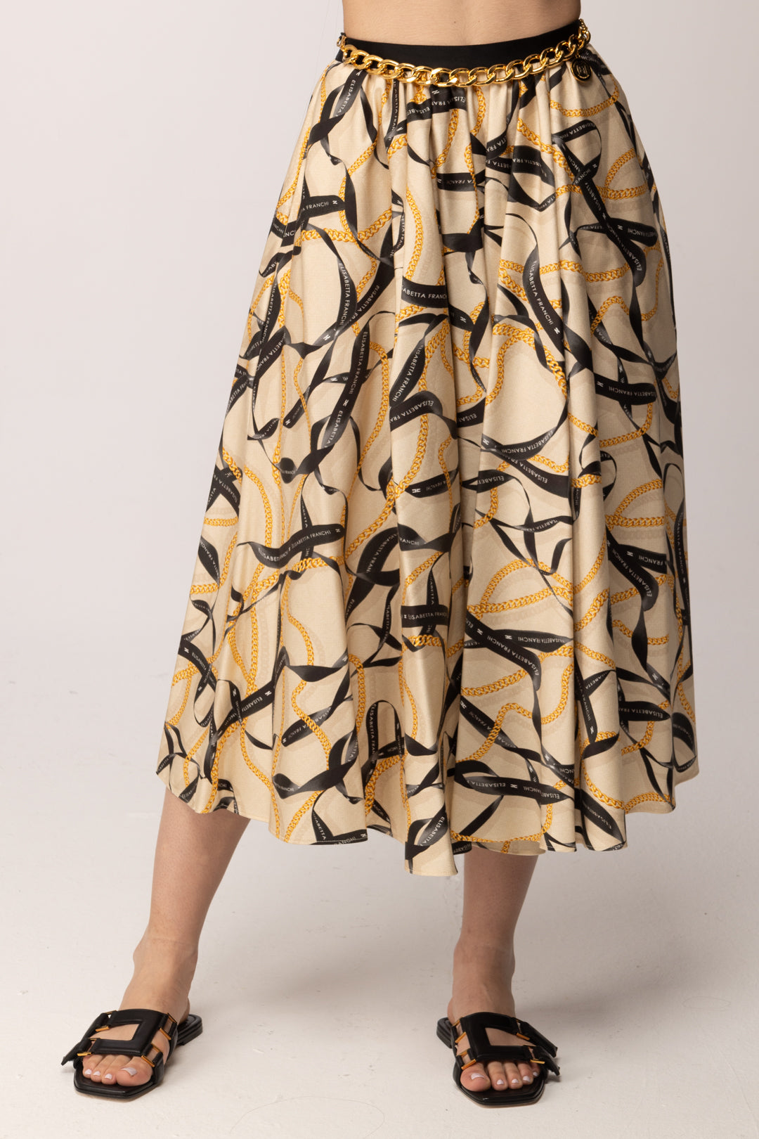 Elisabetta Franchi Gonna Longuette con Stampa Nastri GO15161E2 CREMA