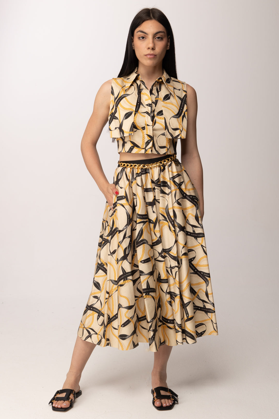 Elisabetta Franchi Gonna Longuette con Stampa Nastri GO15161E2 CREMA