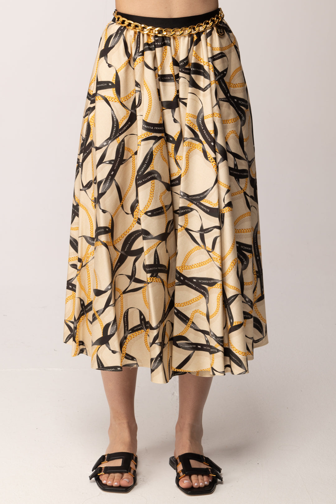 Elisabetta Franchi Gonna Longuette con Stampa Nastri GO15161E2 CREMA