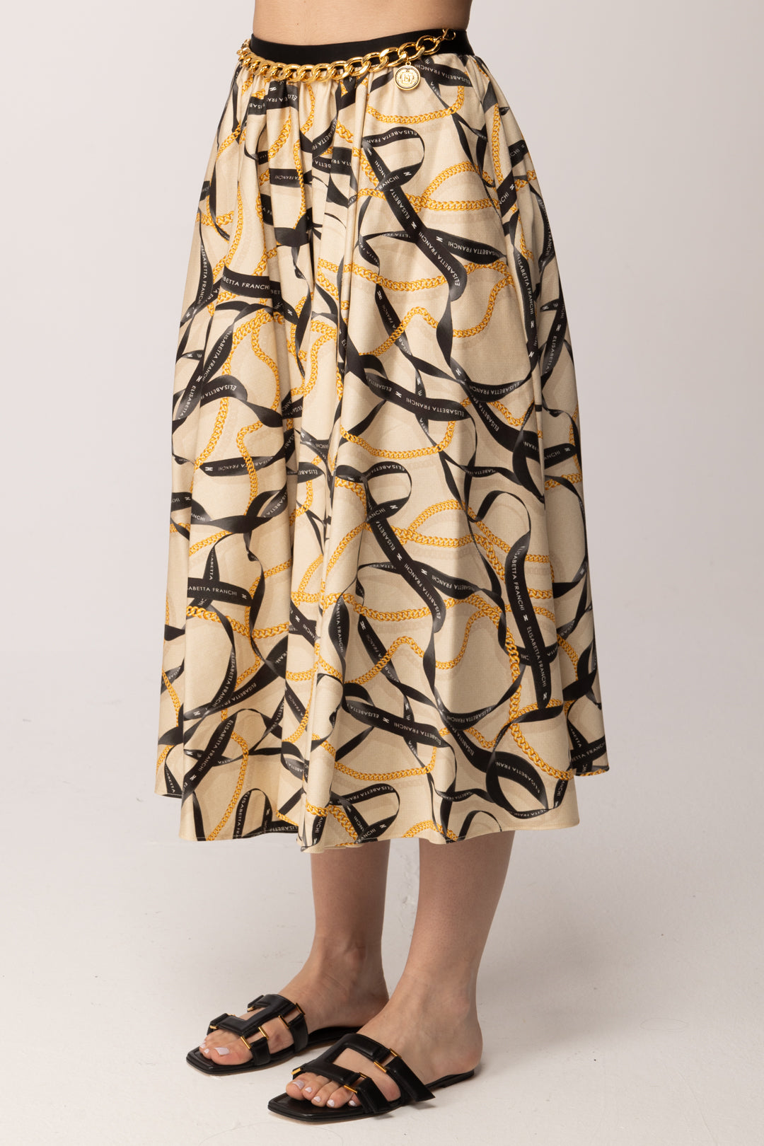 Elisabetta Franchi Gonna Longuette con Stampa Nastri GO15161E2 CREMA