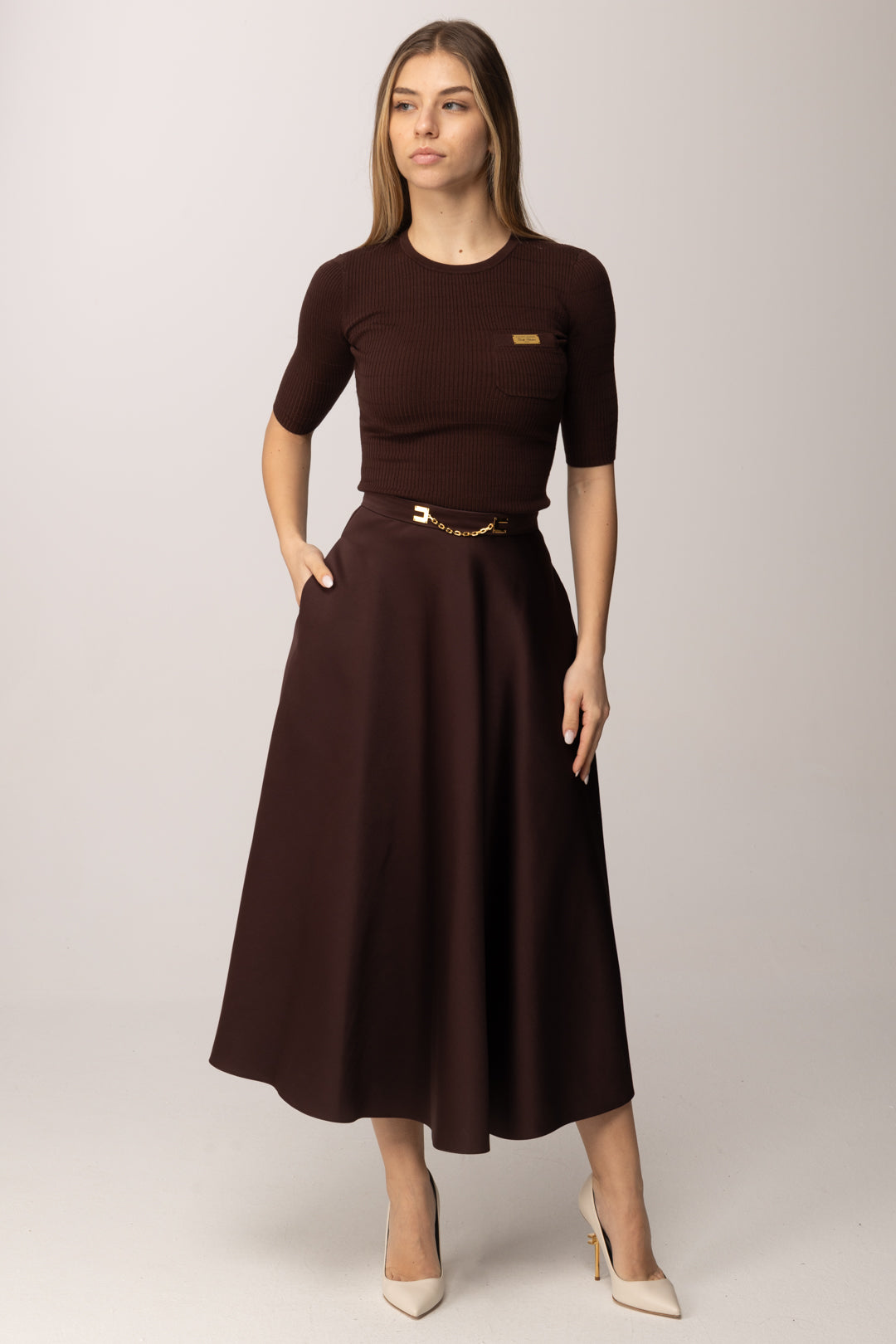 Elisabetta Franchi Gonna Longuette In Duchesse con Logo In Vita GO15661E2 CACAO