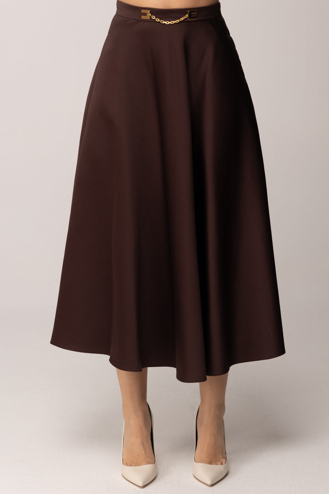 Elisabetta Franchi Gonna Longuette In Duchesse con Logo In Vita GO15661E2 CACAO