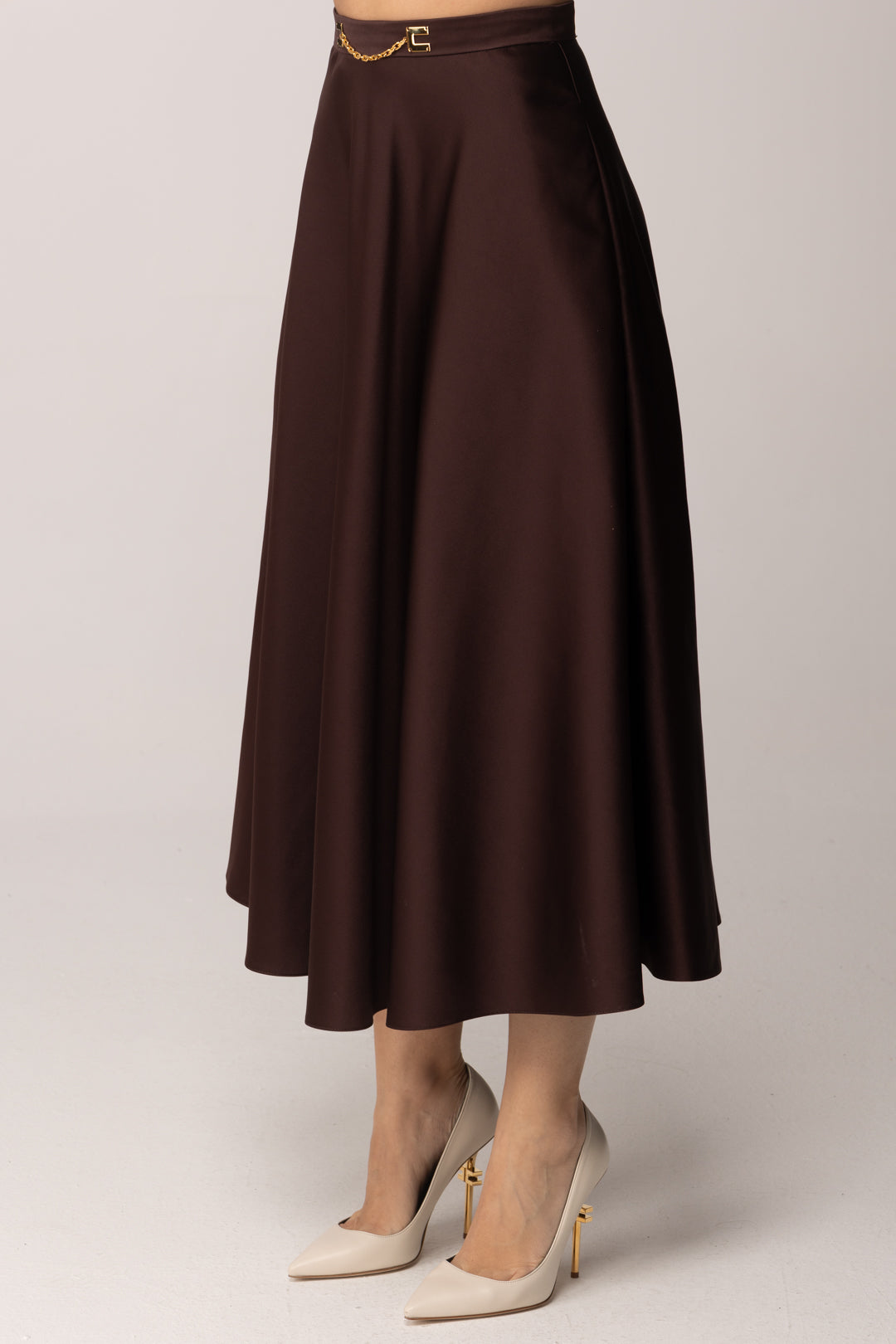 Elisabetta Franchi Gonna Longuette In Duchesse con Logo In Vita GO15661E2 CACAO