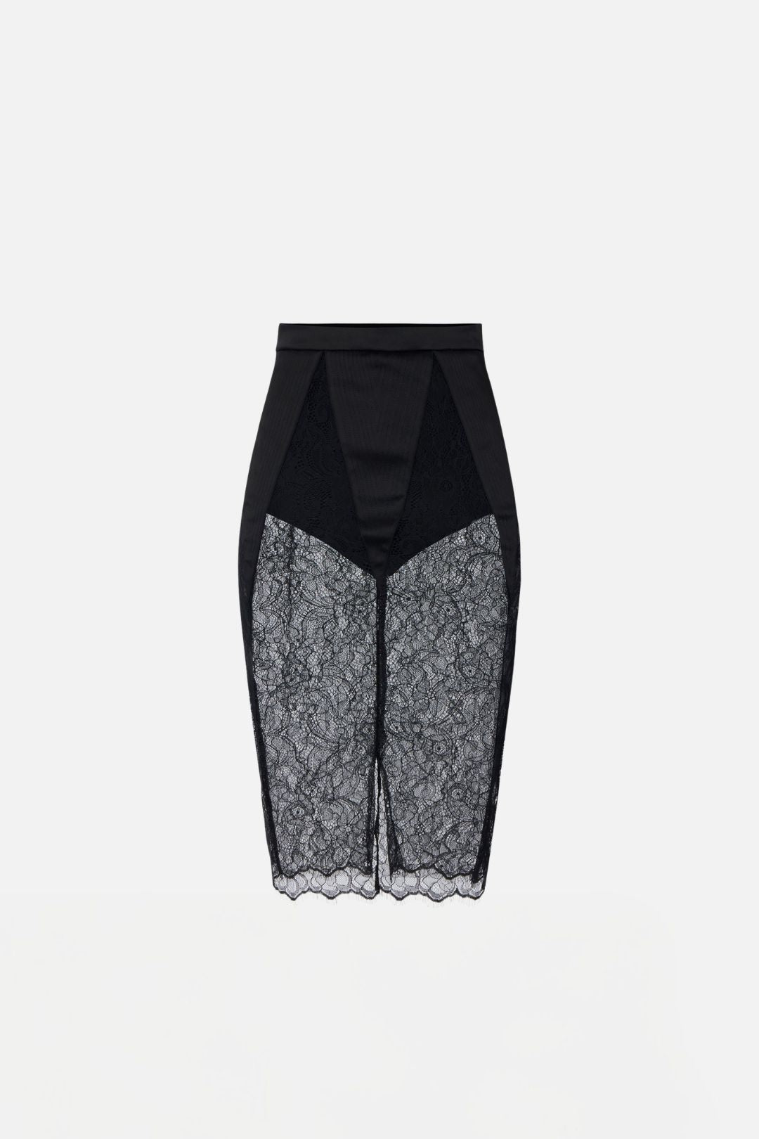 Elisabetta Franchi Gonna Longuette In Pizzo Floreale con Inserti In Raso GO21266E2 NERO