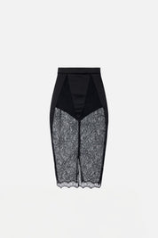 Elisabetta Franchi Gonna Longuette In Pizzo Floreale con Inserti In Raso GO21266E2 NERO
