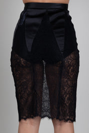 Elisabetta Franchi Gonna Longuette In Pizzo Floreale con Inserti In Raso GO21266E2 NERO