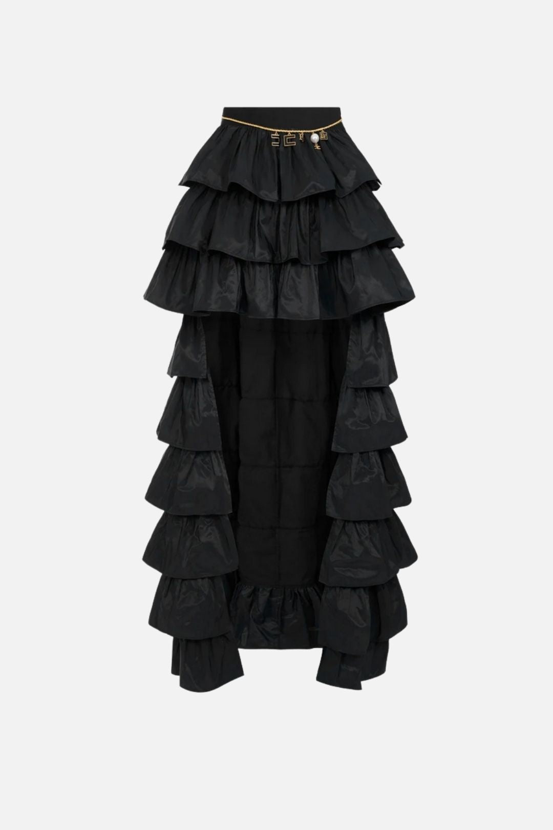 Elisabetta Franchi Gonna Lunga a Balze con Coda Asimmetrica GO23067E2 NERO