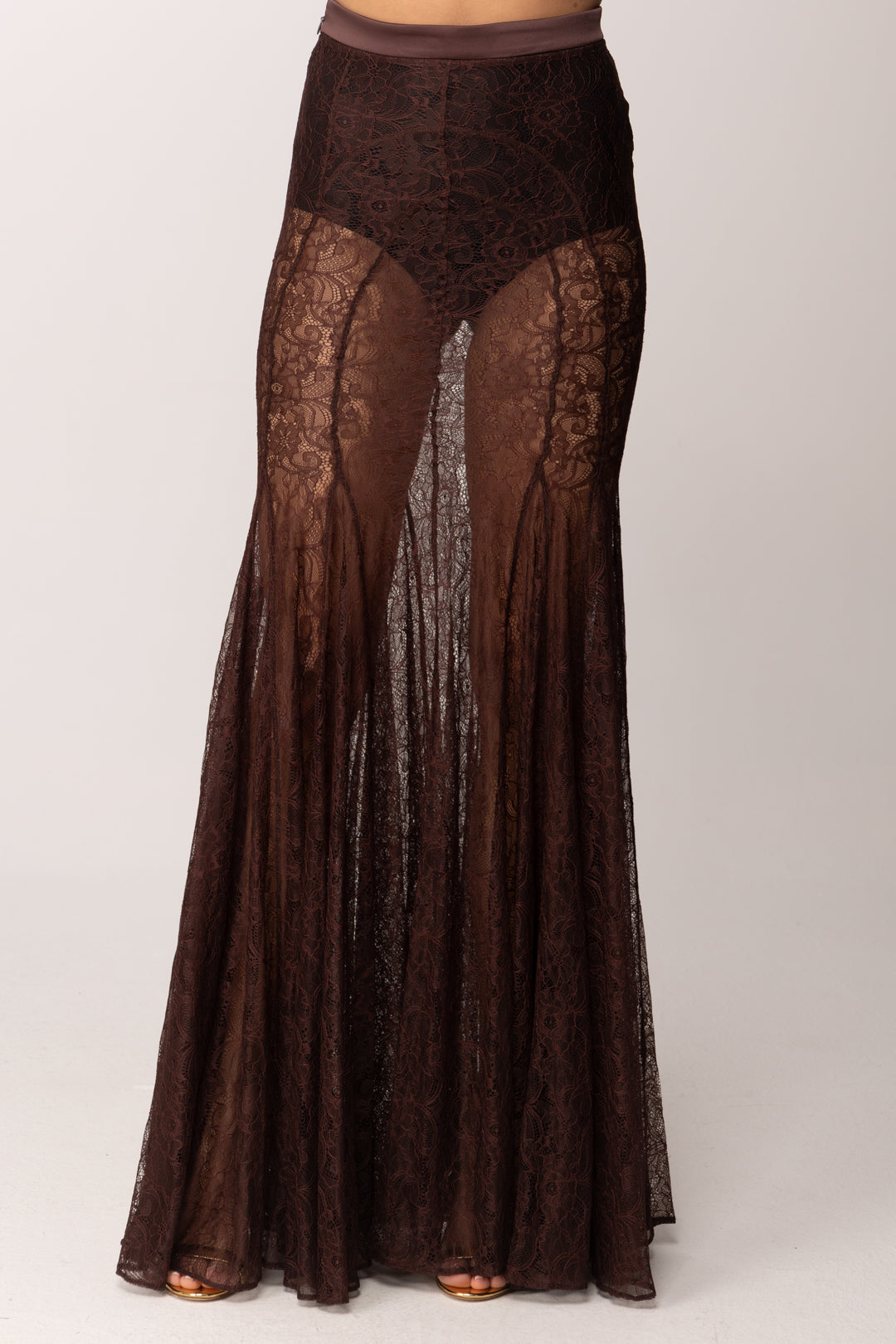 Elisabetta Franchi Gonna Lunga a Sirena In Pizzo Floreale GO17862E2 CACAO
