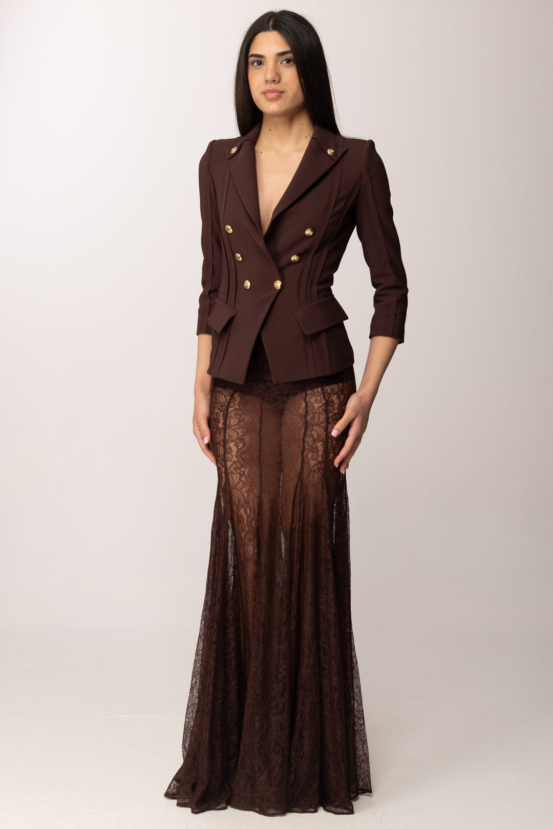 Elisabetta Franchi Gonna Lunga a Sirena In Pizzo Floreale GO17862E2 CACAO