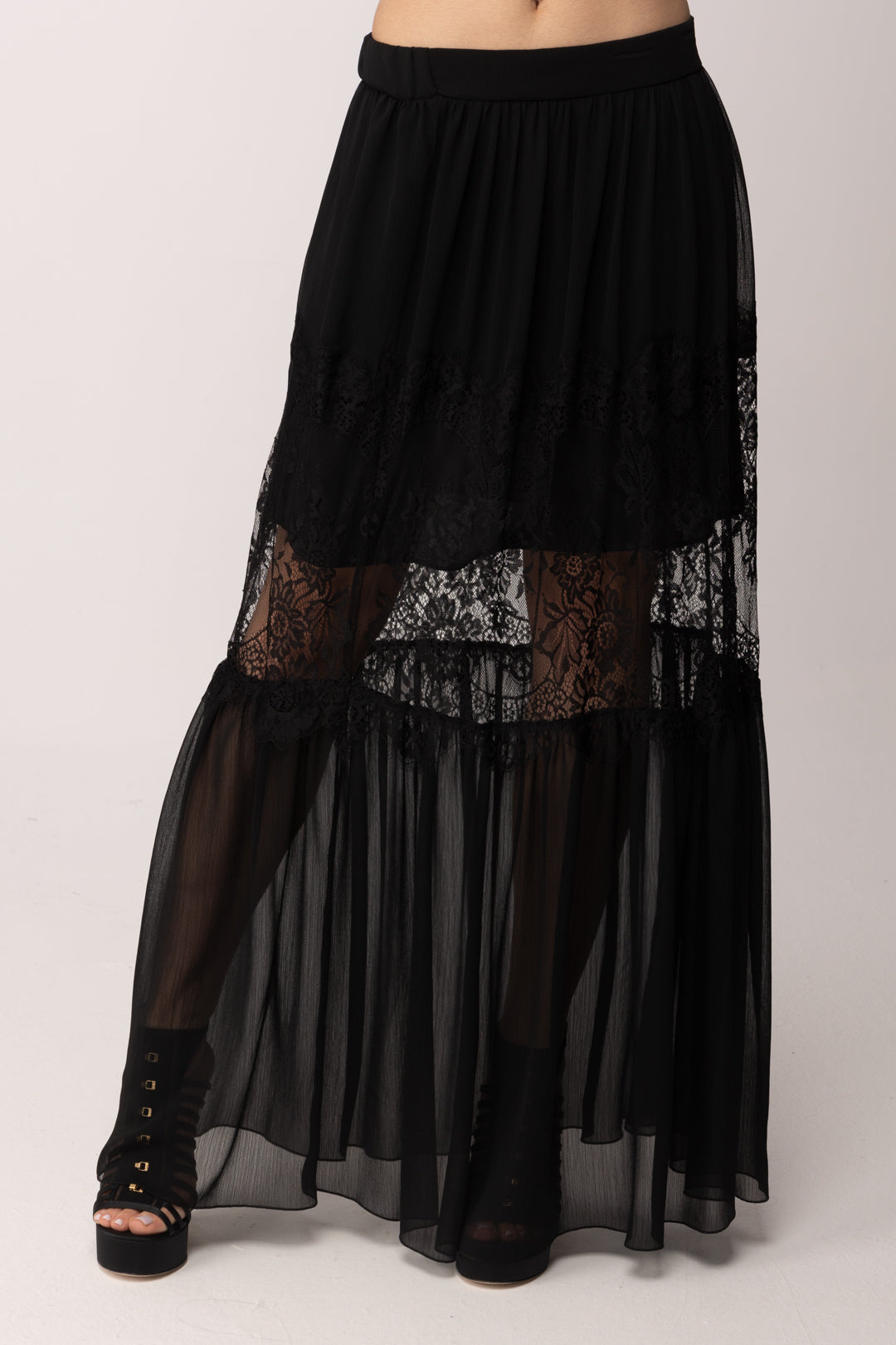 Hanita Gonna Lunga con Pizzo e Trasparenza H.G1036.4574 NERO