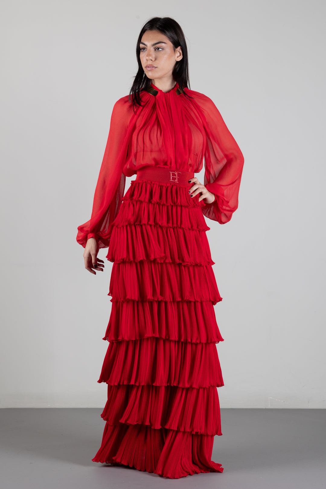 Elisabetta Franchi Gonna Lunga In Georgette con Balze GO24767E2 RED PASSION