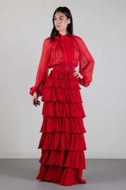 Elisabetta Franchi Gonna Lunga In Georgette con Balze GO24767E2 RED PASSION