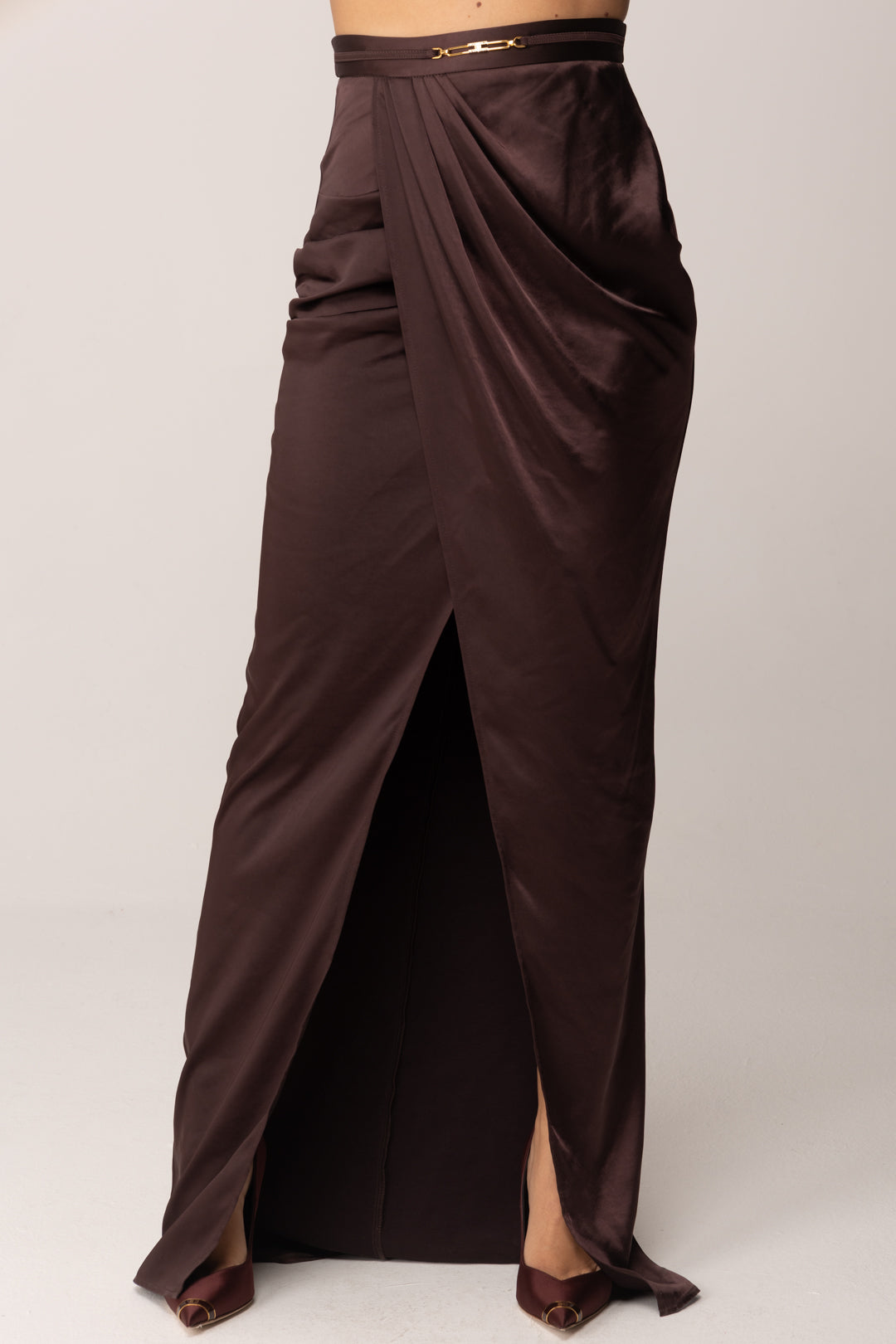 Elisabetta Franchi Gonna Lunga In Raso con Dettaglio Gioiello GO14657E2 MERLOT