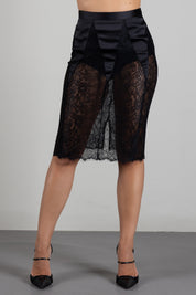 Elisabetta Franchi Gonna Midi a Matita In Tessuto Tecnico e Pizzo GO21268E2 NERO